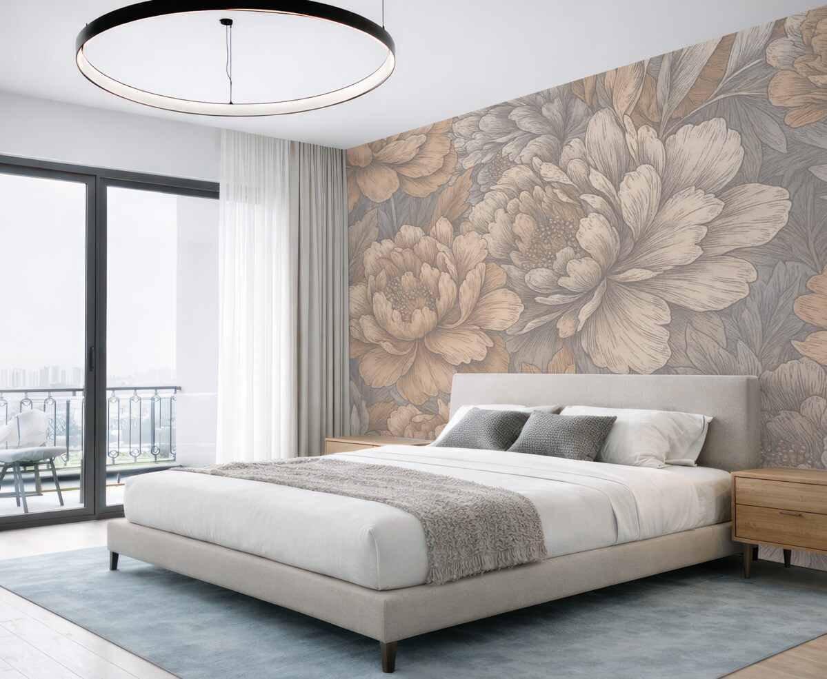 Fototapeta Kwiaty piwonii z dokładnymi płatkami i pręcikami, subtelne pastelowe odcienie, styl ilustracji botanicznej retro.