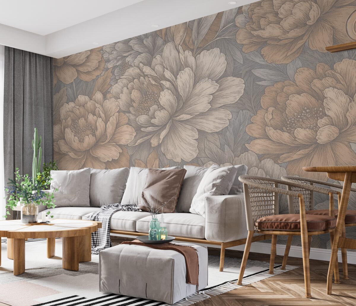 Fototapeta Kwiaty piwonii z dokładnymi płatkami i pręcikami, subtelne pastelowe odcienie, styl ilustracji botanicznej retro.