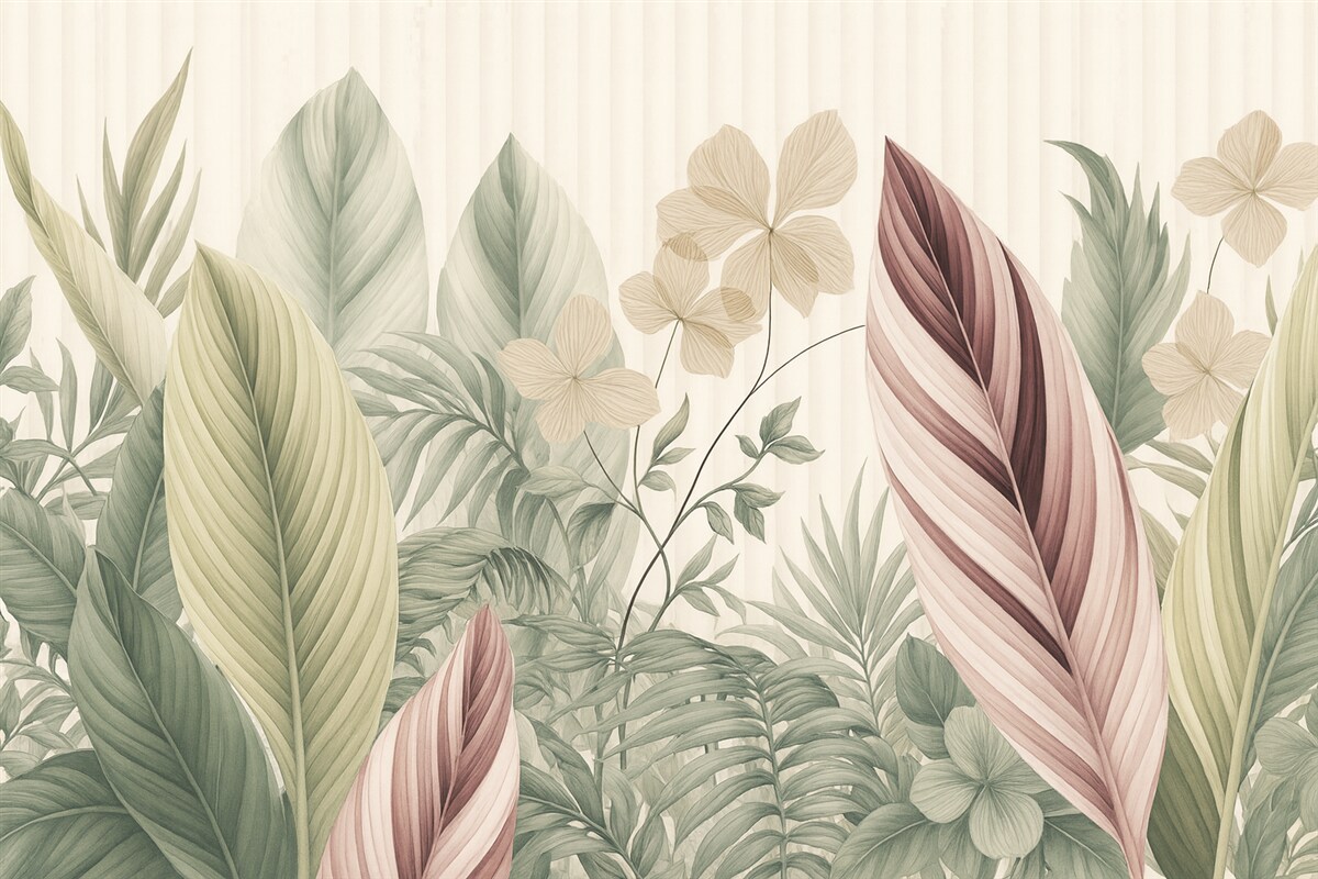 Fototapeta Tropikalne liście w subtelnych pastelowych odcieniach, jasnozielonym, jasnoróżowym i jasnobrązowym, pionowe pasy w tle.