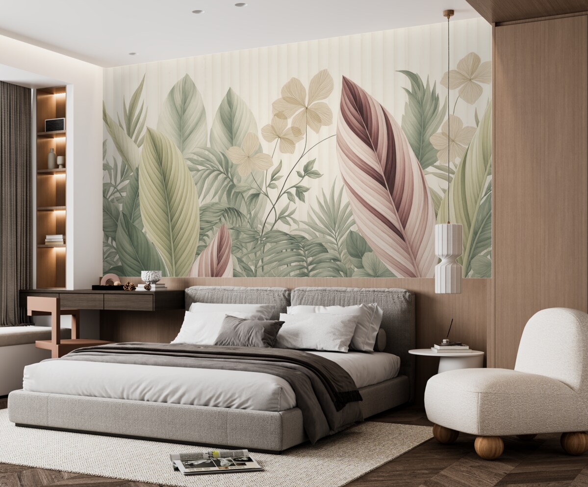 Fototapeta Tropikalne liście w subtelnych pastelowych odcieniach, jasnozielonym, jasnoróżowym i jasnobrązowym, pionowe pasy w tle.