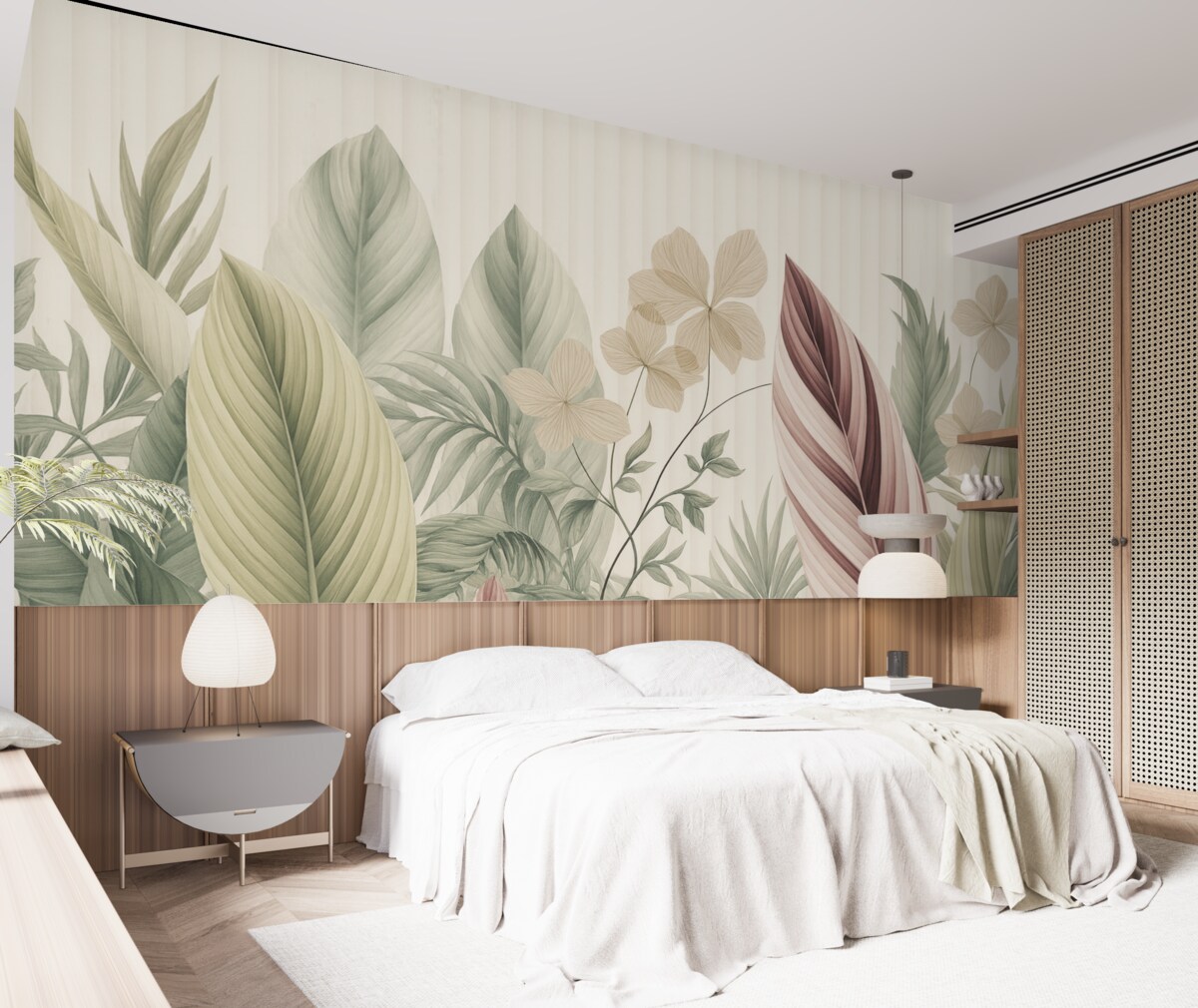 Fototapeta Tropikalne liście w subtelnych pastelowych odcieniach, jasnozielonym, jasnoróżowym i jasnobrązowym, pionowe pasy w tle.