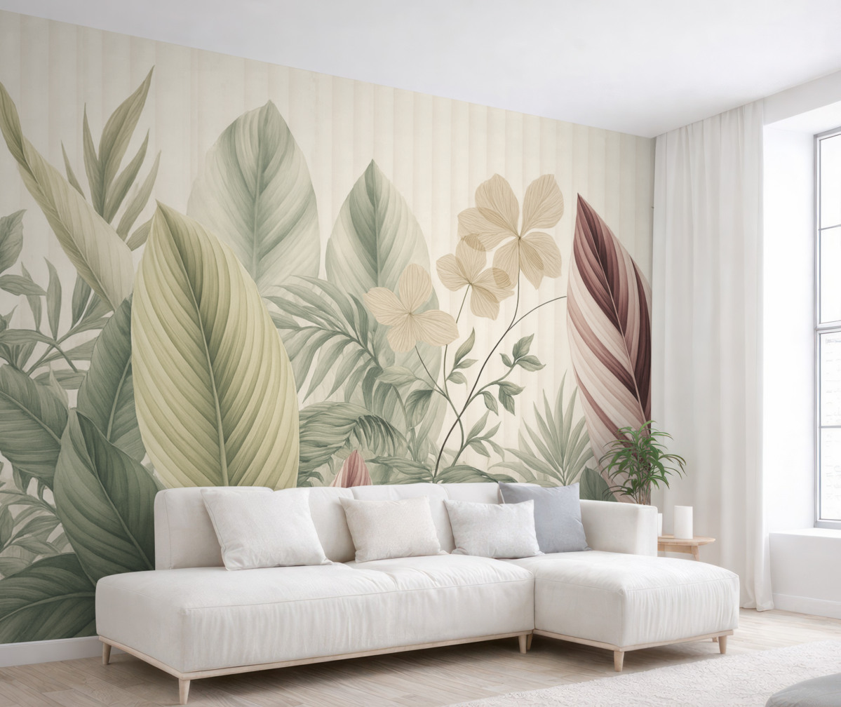 Fototapeta Tropikalne liście w subtelnych pastelowych odcieniach, jasnozielonym, jasnoróżowym i jasnobrązowym, pionowe pasy w tle.