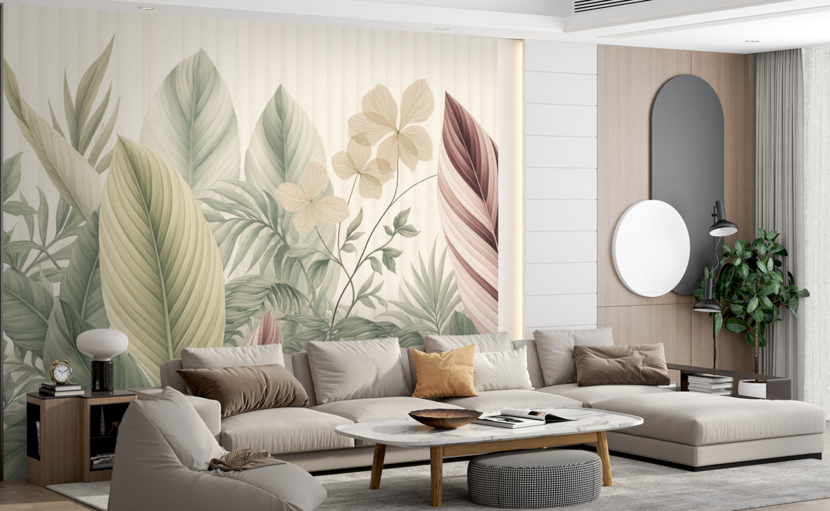 Fototapeta Tropikalne liście w subtelnych pastelowych odcieniach, jasnozielonym, jasnoróżowym i jasnobrązowym, pionowe pasy w tle.