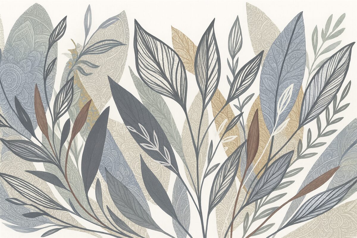 Fototapeta Zbiór liści w różnych odcieniach i wielkościach, niektóre z rysunkiem konturowym, na jasnym tle.