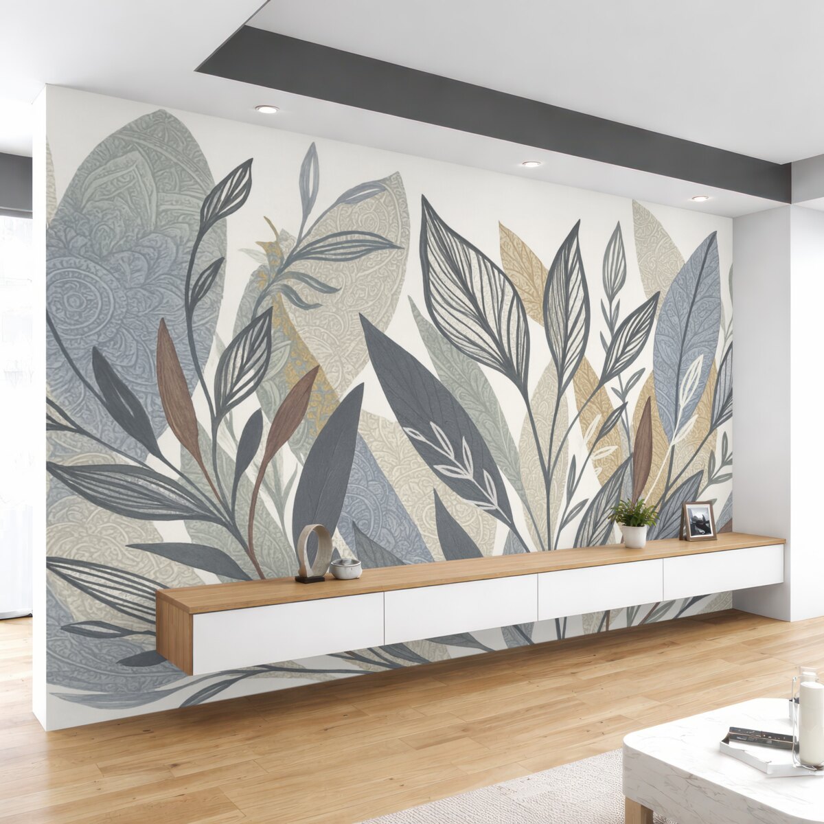 Fototapeta Zbiór liści w różnych odcieniach i wielkościach, niektóre z rysunkiem konturowym, na jasnym tle.