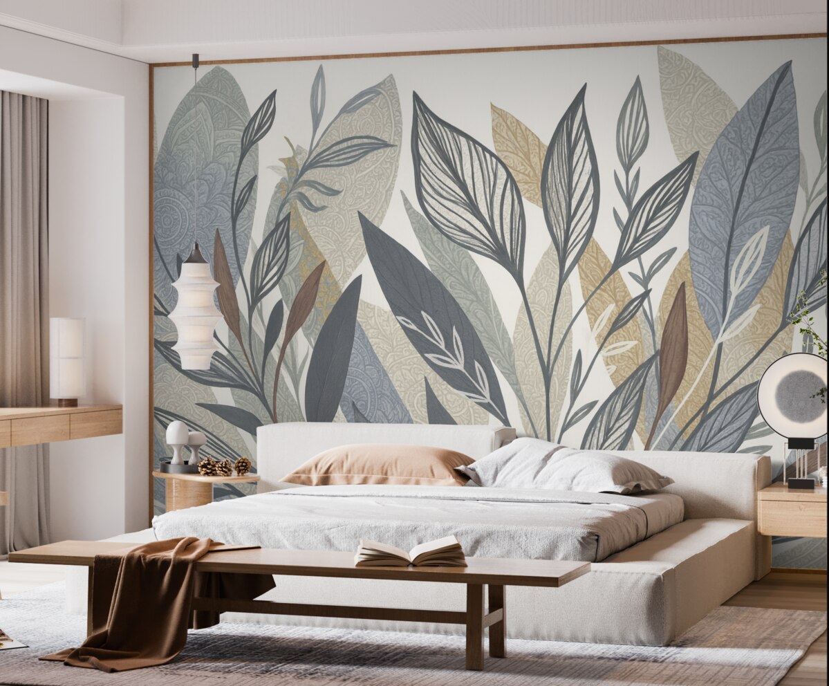 Fototapeta Zbiór liści w różnych odcieniach i wielkościach, niektóre z rysunkiem konturowym, na jasnym tle.