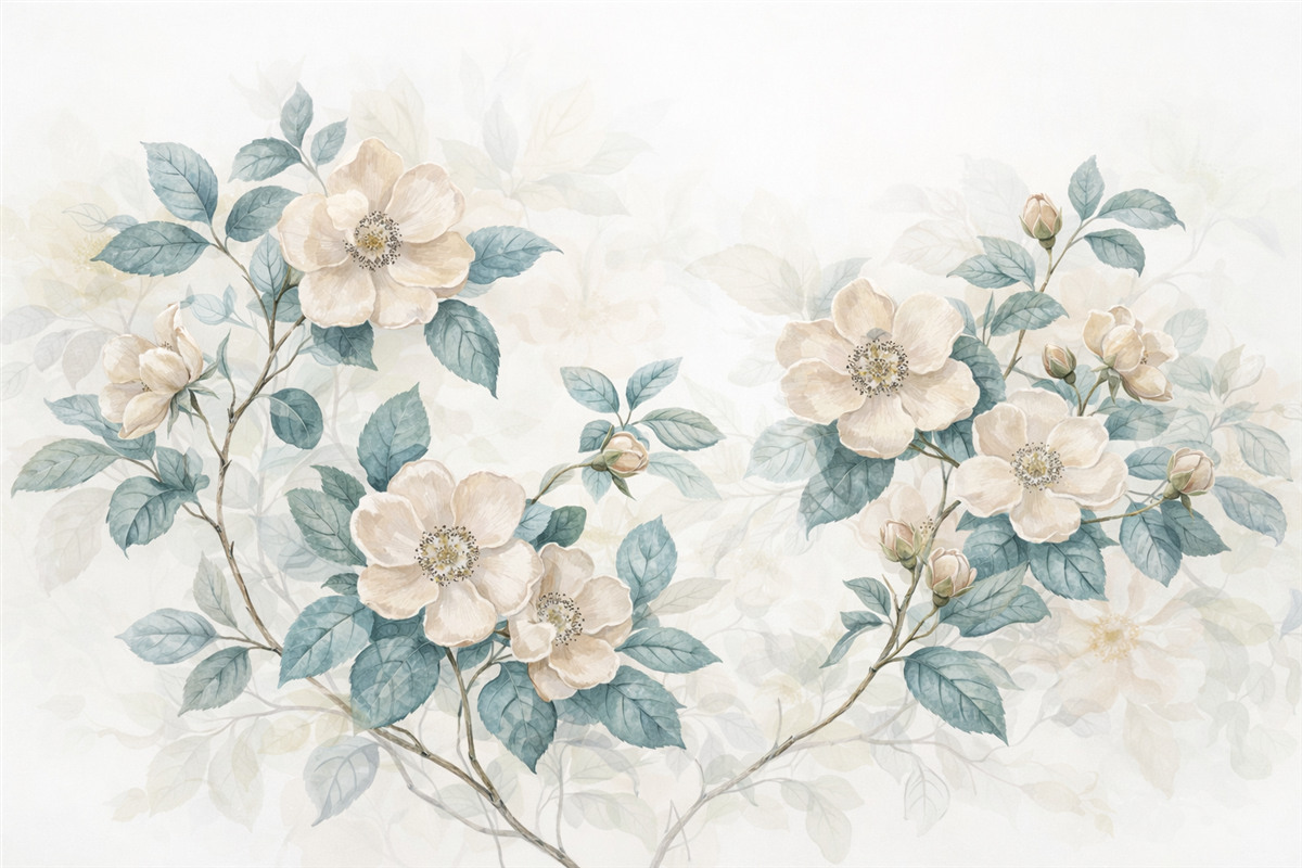 Fototapeta Kwiaty w subtelnym akwarelowym stylu z białymi i kremowymi płatkami oraz zielonymi liśćmi na gałązce, jasne tło.