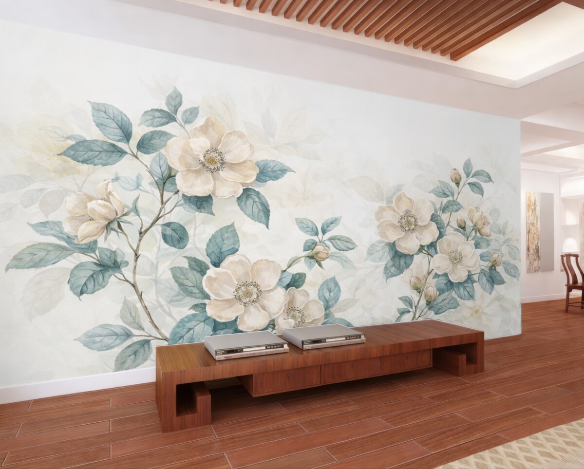 Fototapeta Kwiaty w subtelnym akwarelowym stylu z białymi i kremowymi płatkami oraz zielonymi liśćmi na gałązce, jasne tło.