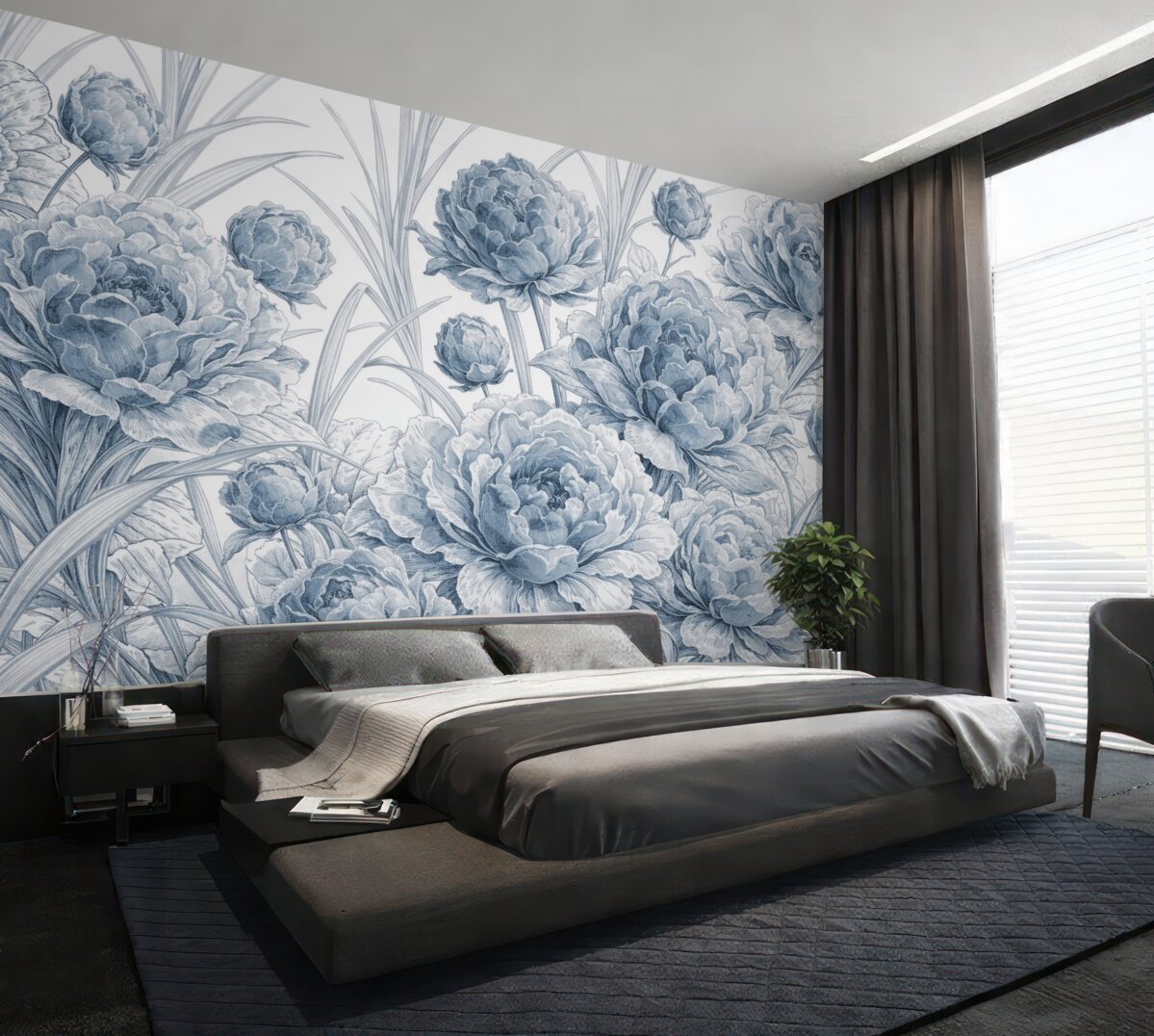 Fototapeta Niebieskie piwonie z zielonymi liśćmi na jasnym tle, florystyczny wzór, obrazek botaniczny.