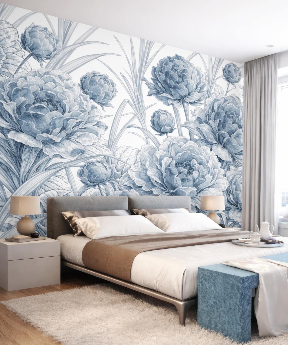 Fototapeta Niebieskie piwonie z zielonymi liśćmi na jasnym tle, florystyczny wzór, obrazek botaniczny.