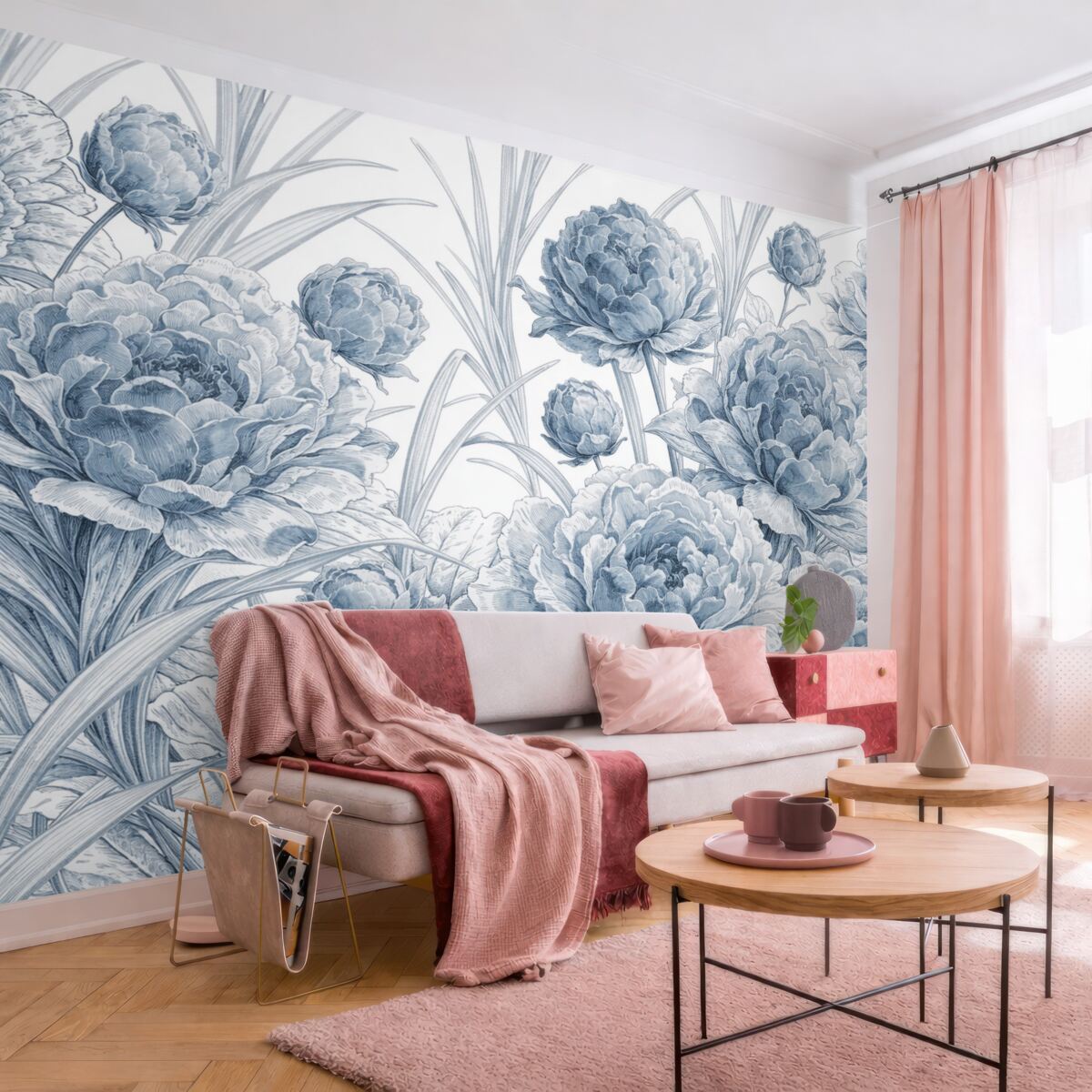 Fototapeta Niebieskie piwonie z zielonymi liśćmi na jasnym tle, florystyczny wzór, obrazek botaniczny.