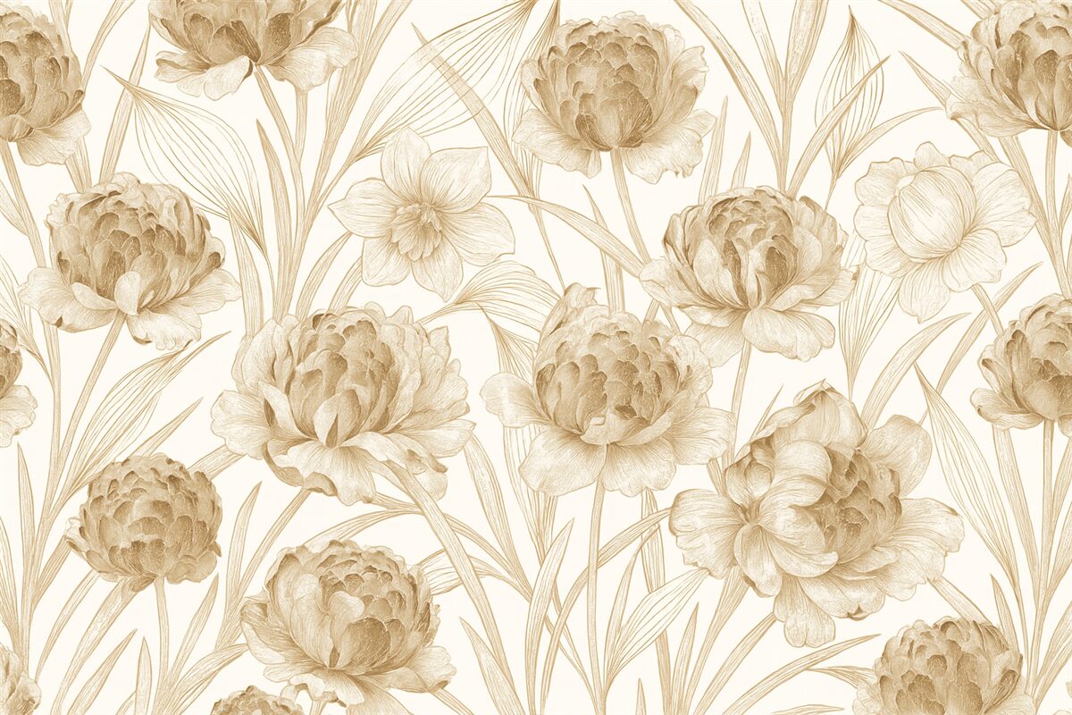 Fototapeta Beżowe piwonie z zielonymi liśćmi na jasnym tle, kwiecisty wzór, ilustracja roślinna.