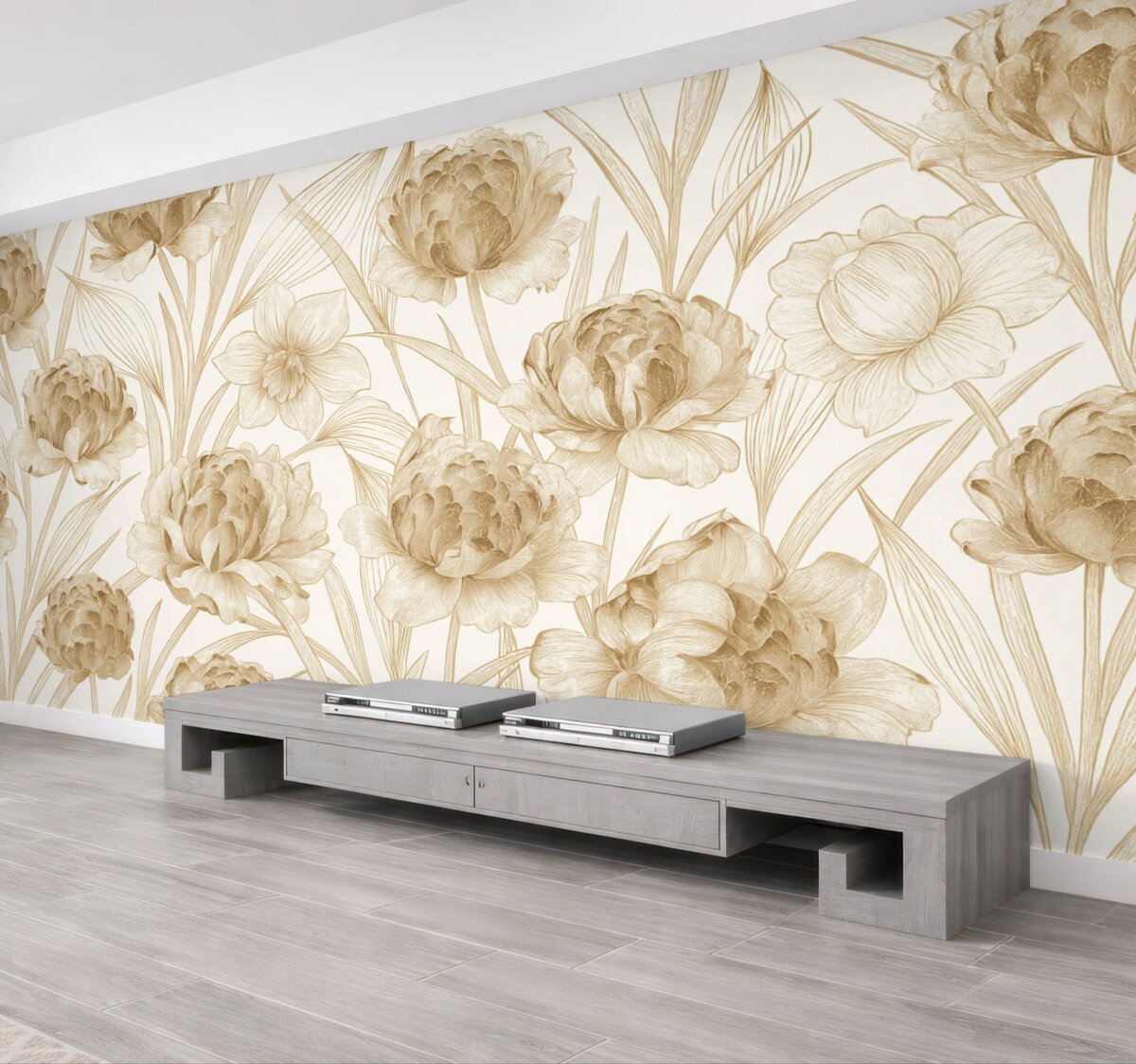 Fototapeta Beżowe piwonie z zielonymi liśćmi na jasnym tle, kwiecisty wzór, ilustracja roślinna.