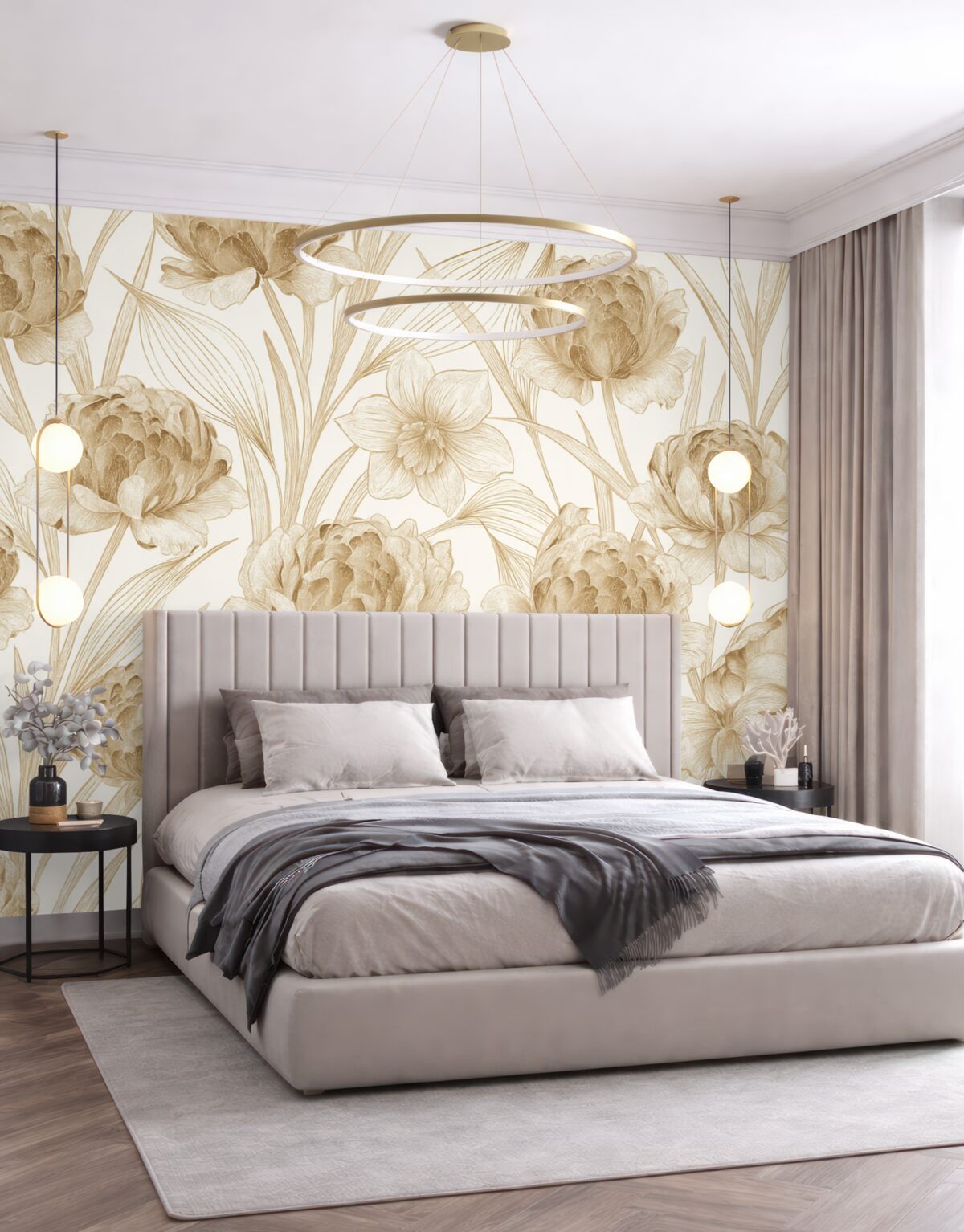 Fototapeta Beżowe piwonie z zielonymi liśćmi na jasnym tle, kwiecisty wzór, ilustracja roślinna.