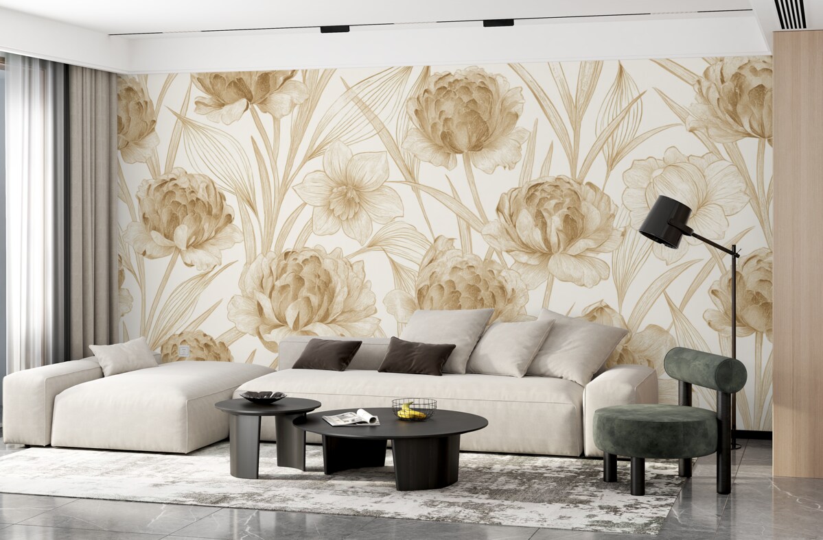 Fototapeta Beżowe piwonie z zielonymi liśćmi na jasnym tle, kwiecisty wzór, ilustracja roślinna.