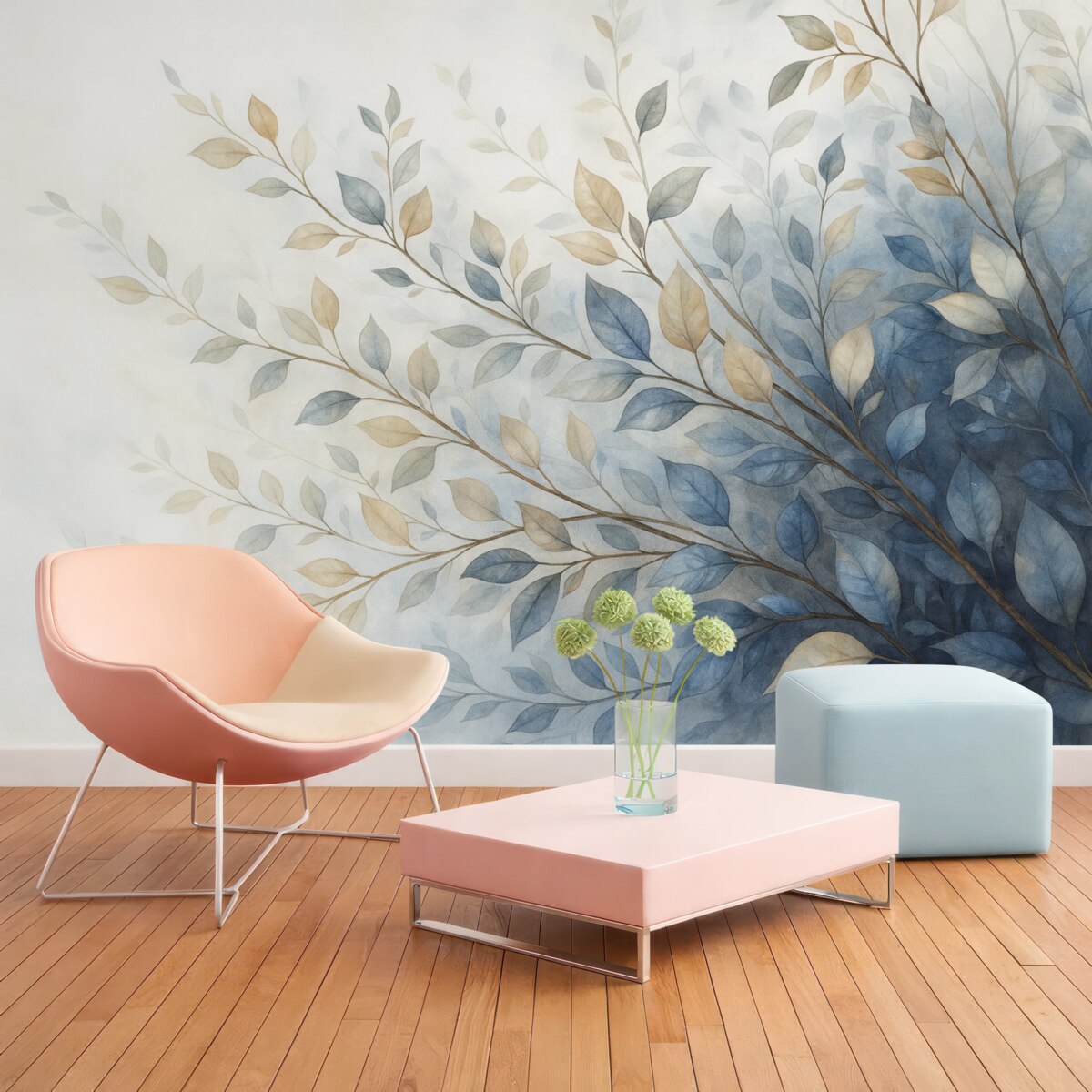 Fototapeta Gałęzie z liśćmi w odcieniach niebieskich i brązowych, jasne tło, delikatne i miękkie, w stylu akwareli.