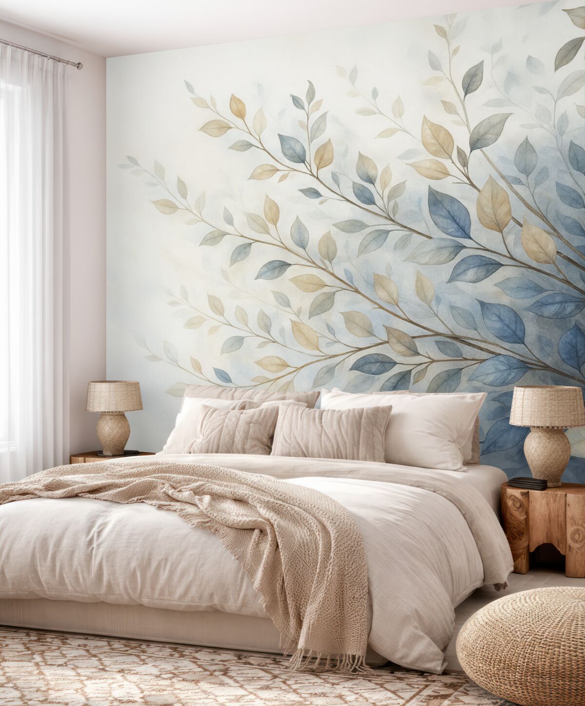 Fototapeta Gałęzie z liśćmi w odcieniach niebieskich i brązowych, jasne tło, delikatne i miękkie, w stylu akwareli.