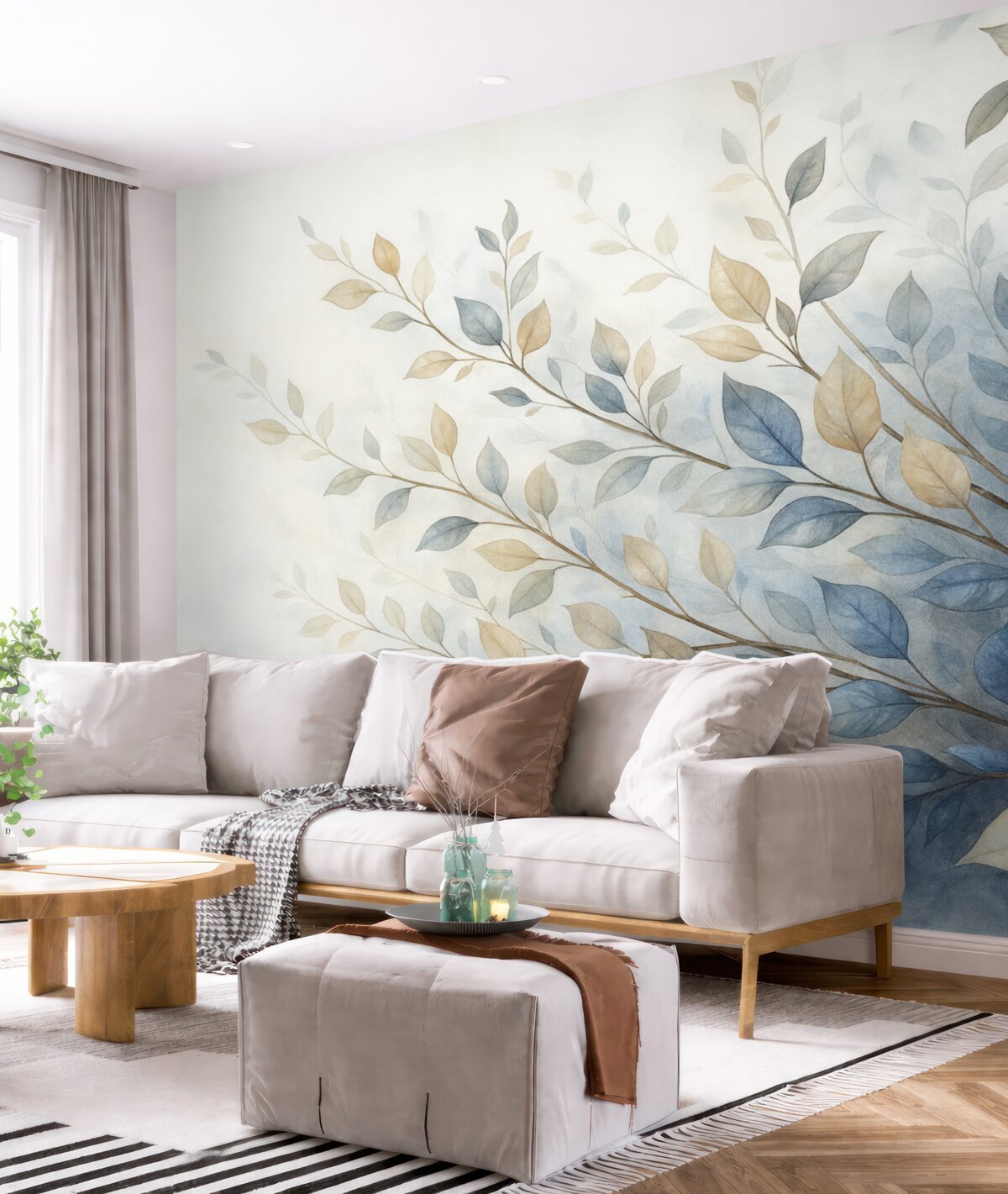 Fototapeta Gałęzie z liśćmi w odcieniach niebieskich i brązowych, jasne tło, delikatne i miękkie, w stylu akwareli.