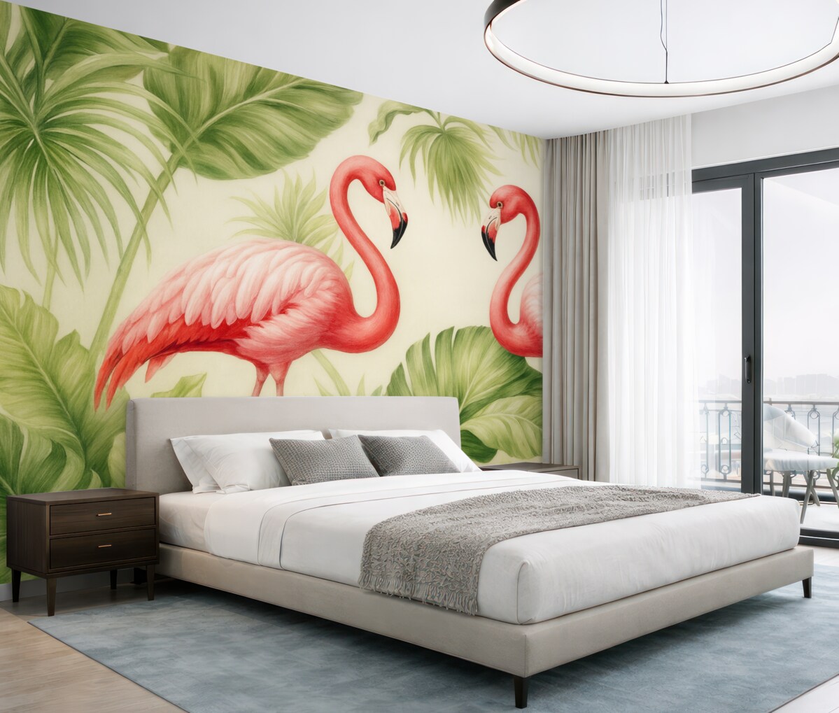 Fototapeta Para flamingów w tropikalnych krzewach.