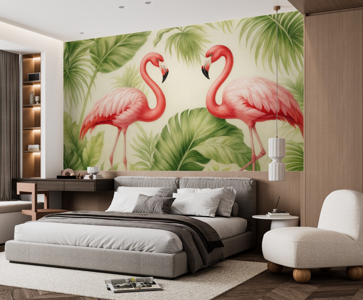 Fototapeta Para flamingów w tropikalnych krzewach.