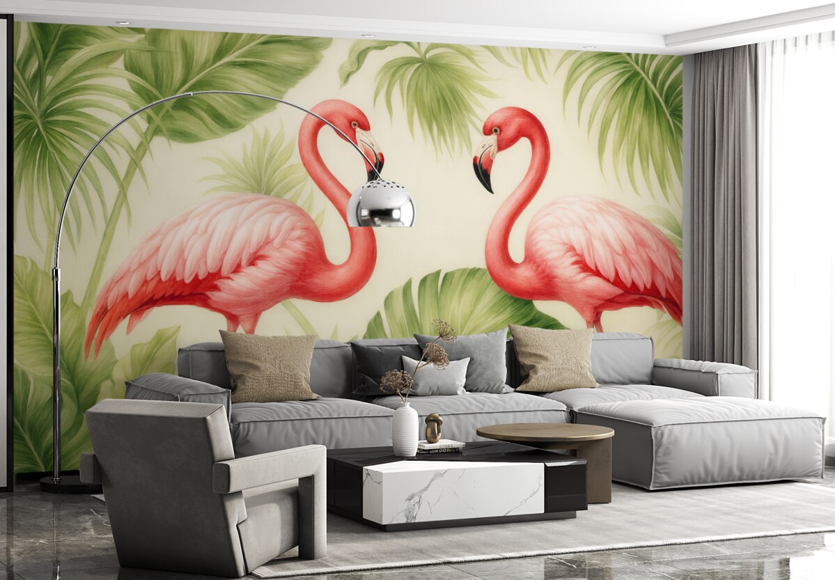 Fototapeta Para flamingów w tropikalnych krzewach.