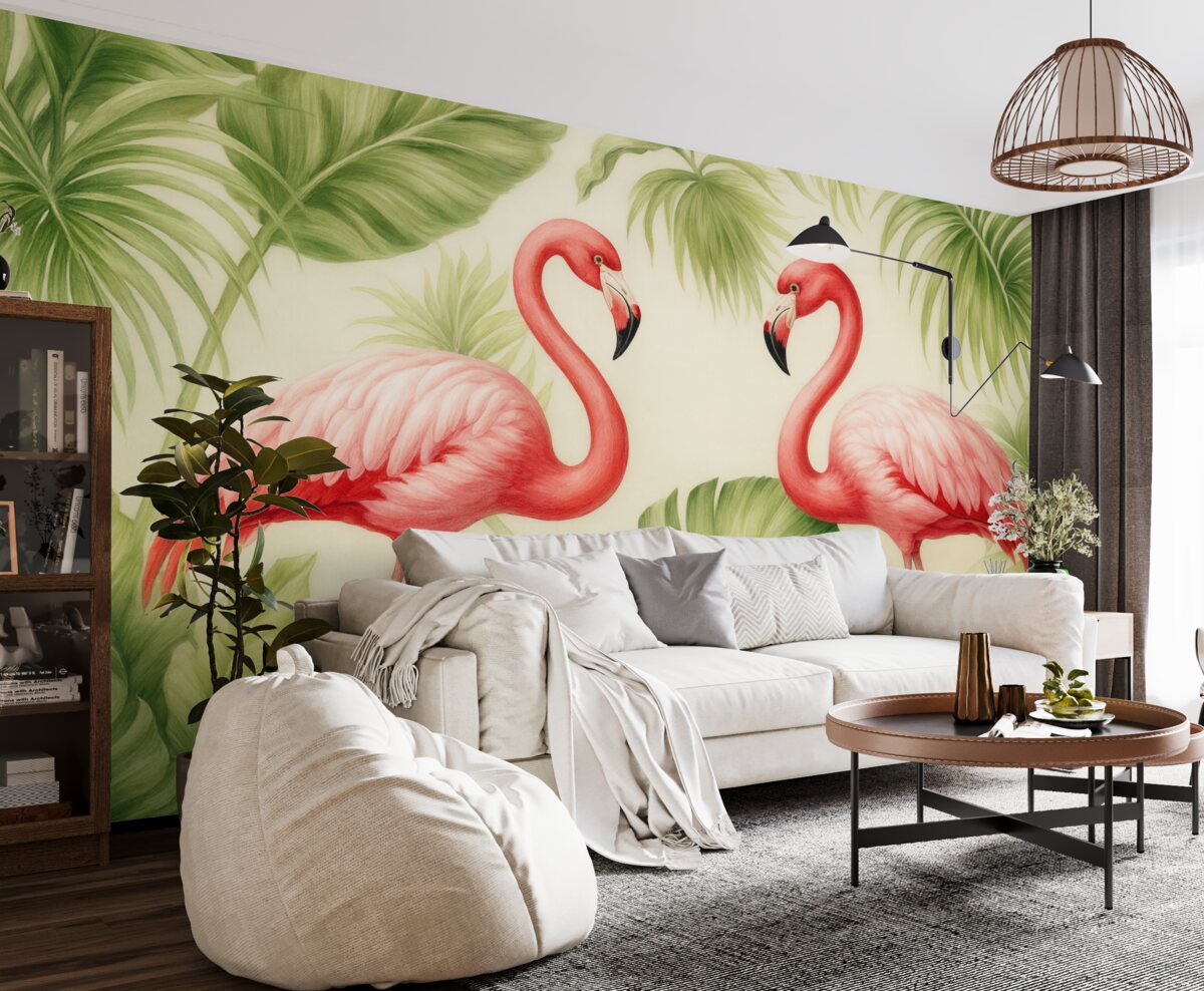 Fototapeta Para flamingów w tropikalnych krzewach.