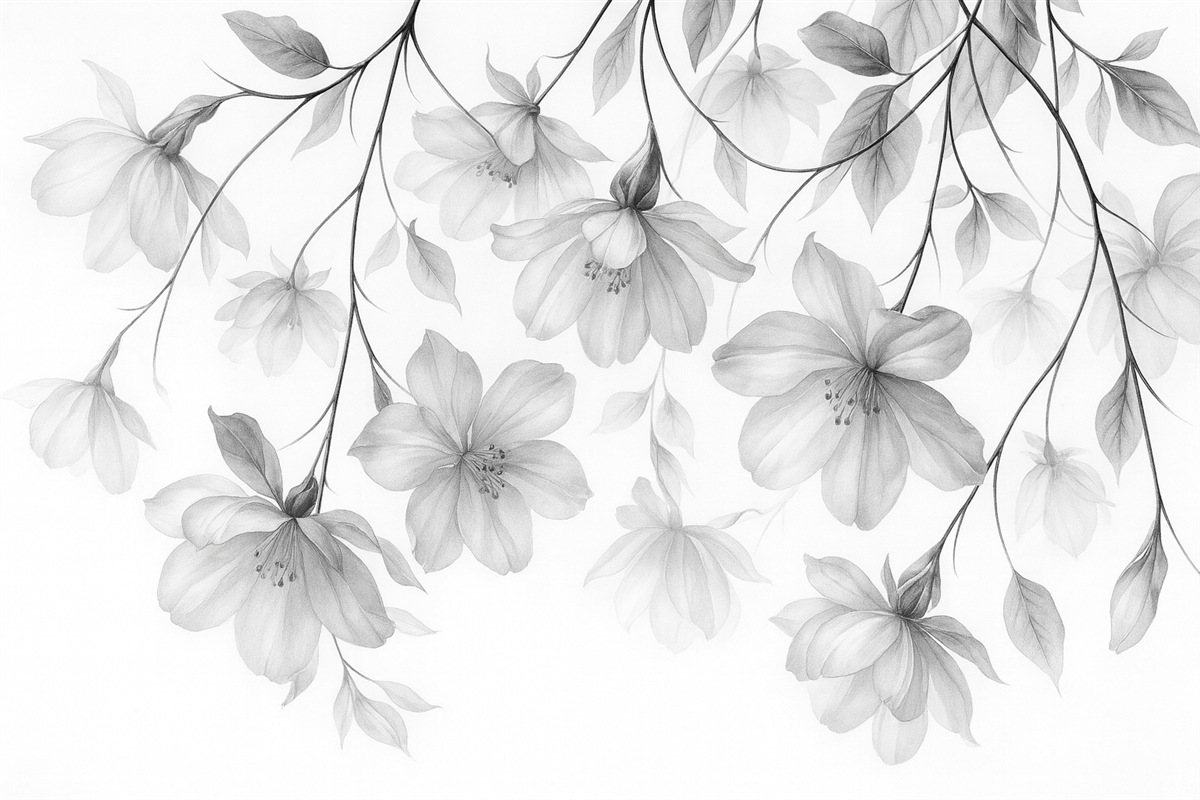 Fototapeta Czarne kwiaty z półprzezroczystymi płatkami opadającymi z gałęzi, monochromatyczna, minimalistyczna kompozycja sztuki współczesnej.