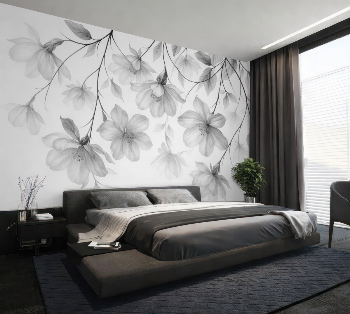 Fototapeta Czarne kwiaty z półprzezroczystymi płatkami opadającymi z gałęzi, monochromatyczna, minimalistyczna kompozycja sztuki współczesnej.