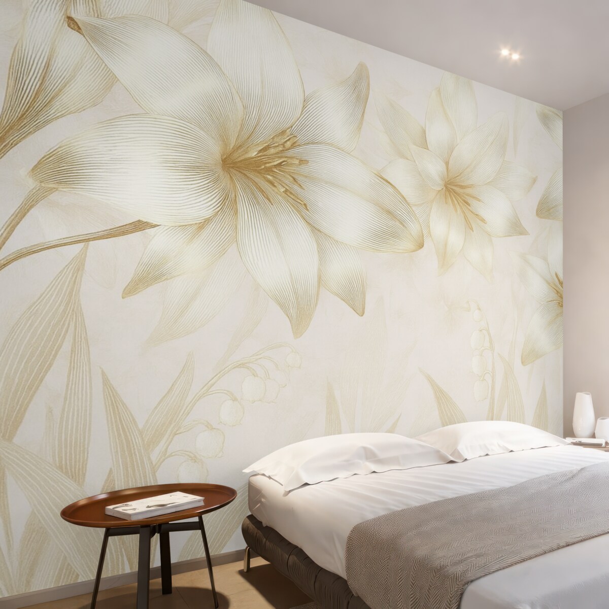 Fototapeta Żółte lilie z precyzyjnymi detalami, wytworna kompozycja kwiatowa, stonowana paleta barw.