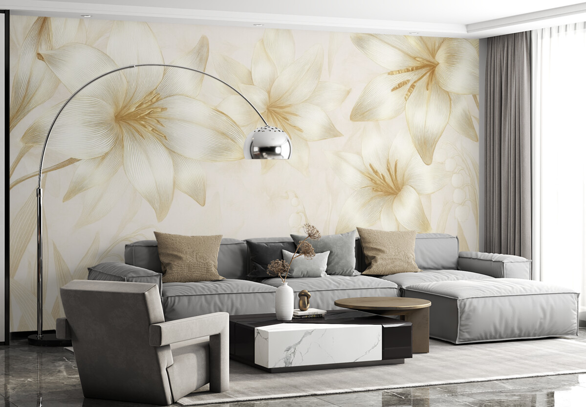 Fototapeta Żółte lilie z precyzyjnymi detalami, wytworna kompozycja kwiatowa, stonowana paleta barw.