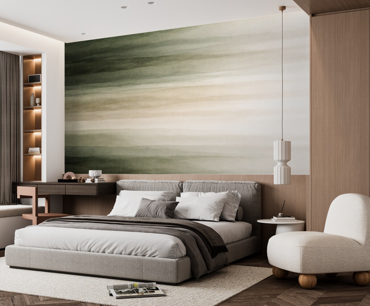 Fototapeta Abstrakcyjny, minimalistyczny wzór gradientowy z pionowymi paskami ciemnej zieleni, beżu oraz bieli.