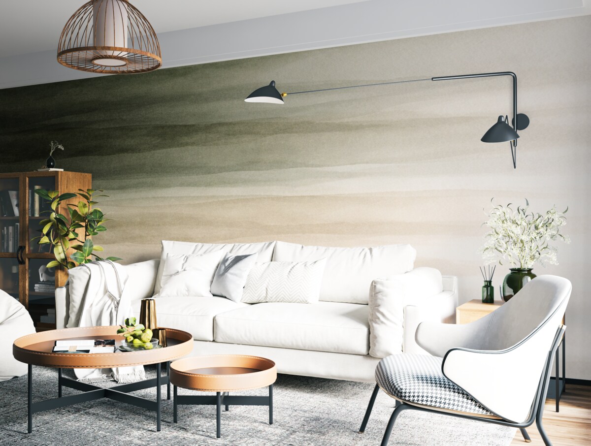 Fototapeta Abstrakcyjny, minimalistyczny wzór gradientowy z pionowymi paskami ciemnej zieleni, beżu oraz bieli.