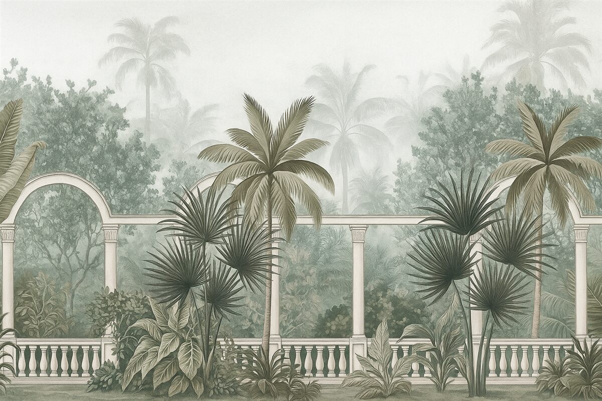 Fototapeta Tropikalny ogród o ciekawej teksturze z palmami i bogatą roślinnością, balustrada z łukami, stonowane odcienie, styl retro.