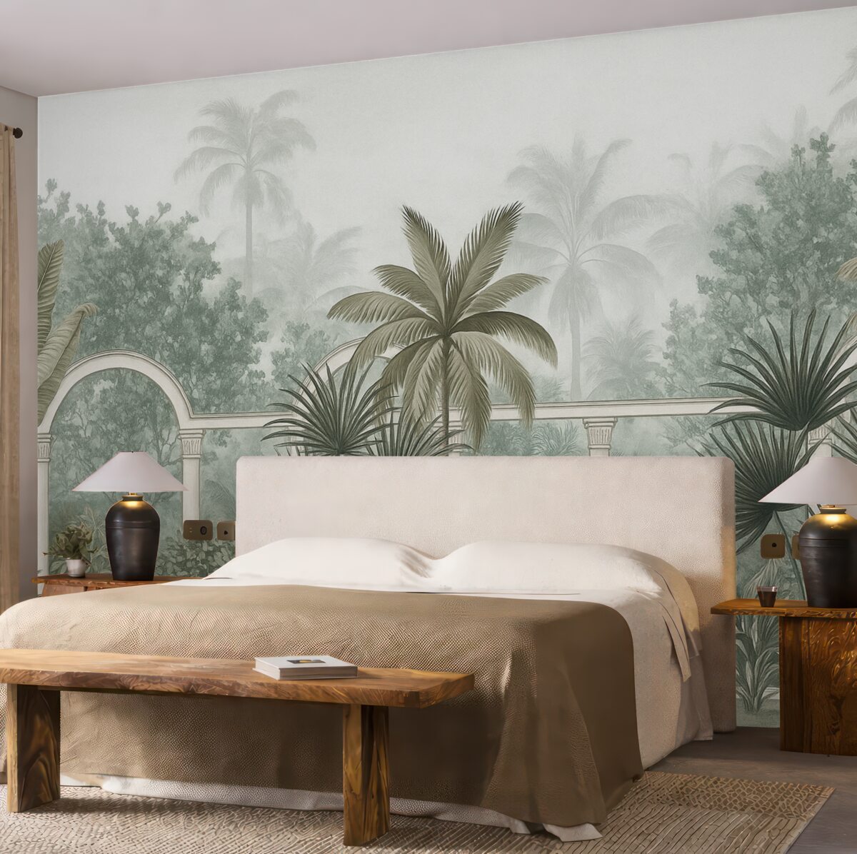 Fototapeta Tropikalny ogród o ciekawej teksturze z palmami i bogatą roślinnością, balustrada z łukami, stonowane odcienie, styl retro.