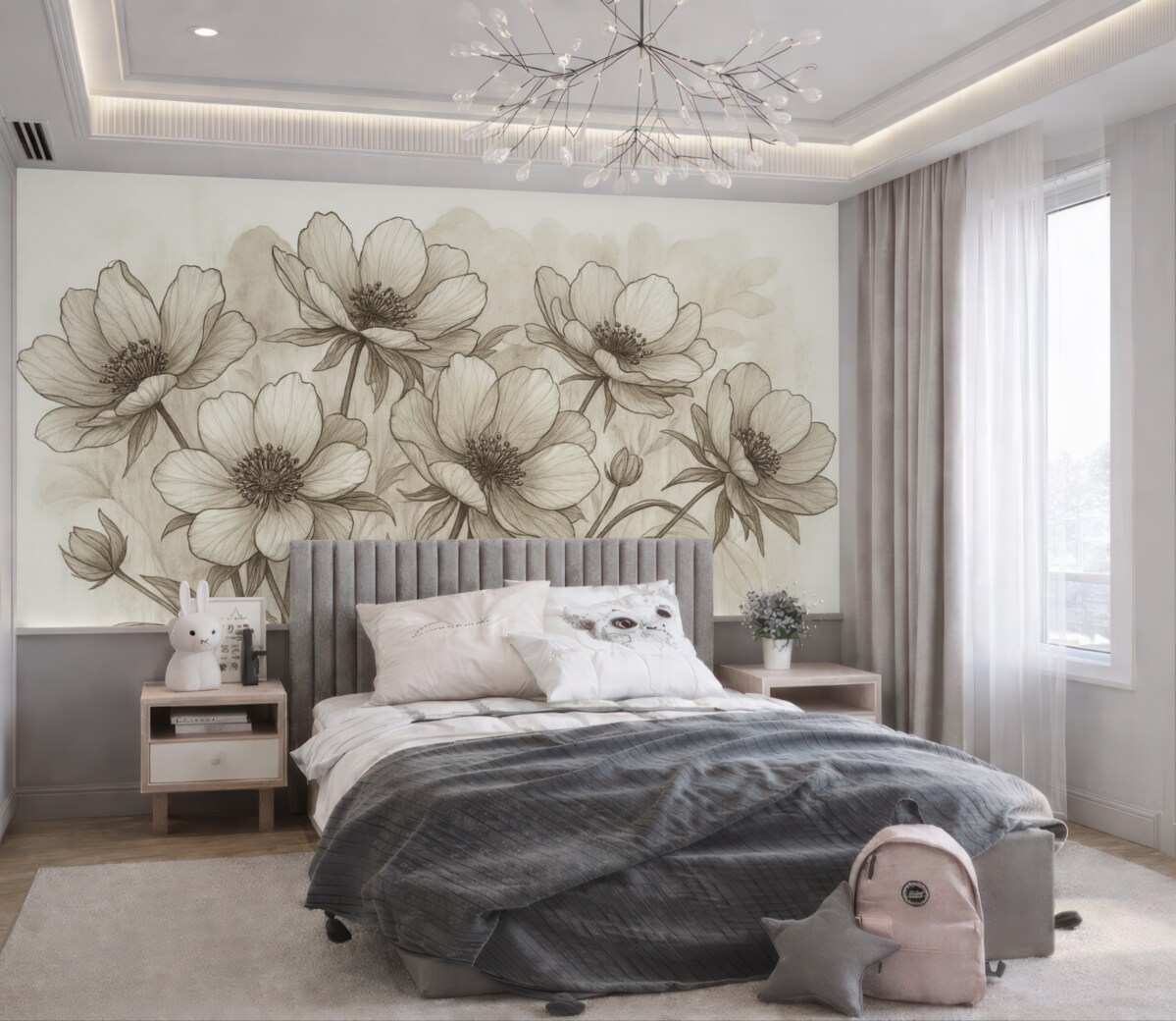 Fototapeta Minimalistyczne kwiaty w stylu line-art z beżowymi i brązowymi płatkami, długie łodygi, jasne tło w odcieniu beżu.