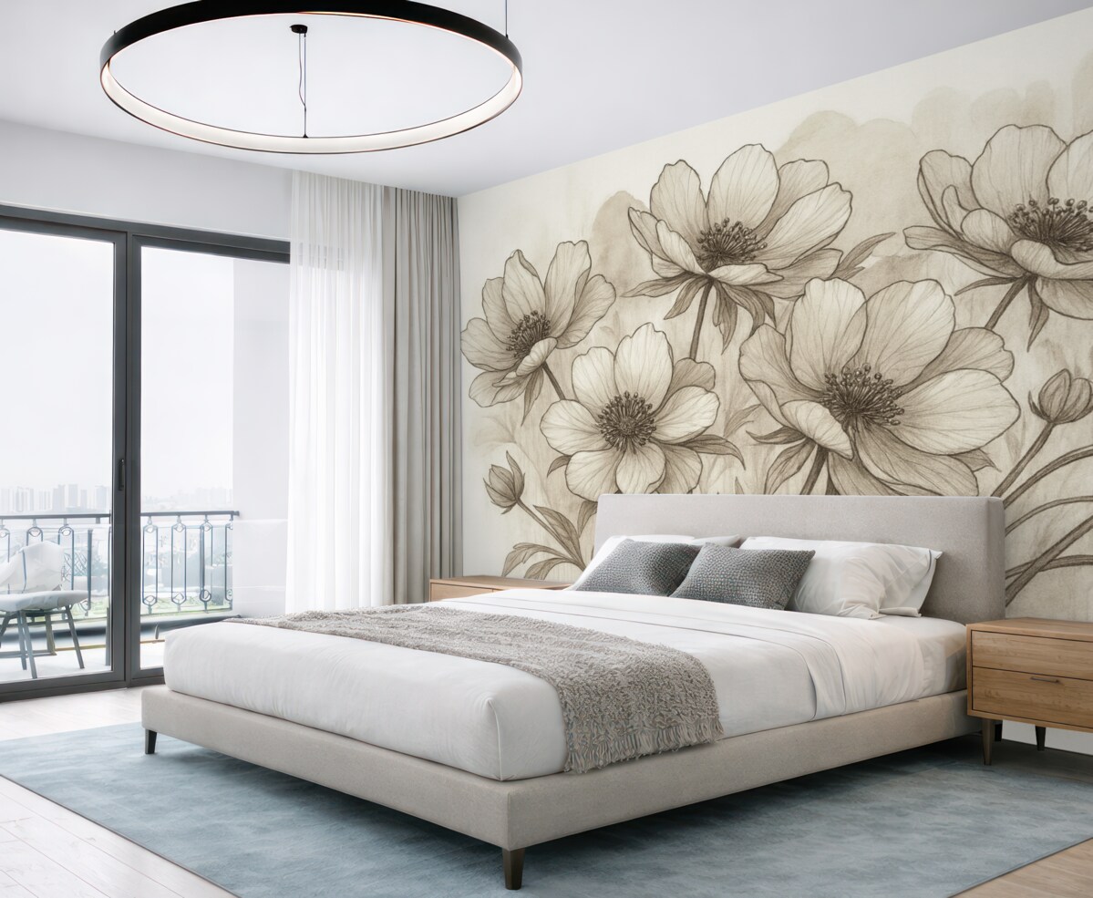 Fototapeta Minimalistyczne kwiaty w stylu line-art z beżowymi i brązowymi płatkami, długie łodygi, jasne tło w odcieniu beżu.