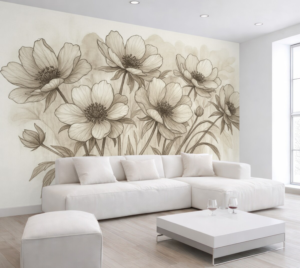 Fototapeta Minimalistyczne kwiaty w stylu line-art z beżowymi i brązowymi płatkami, długie łodygi, jasne tło w odcieniu beżu.