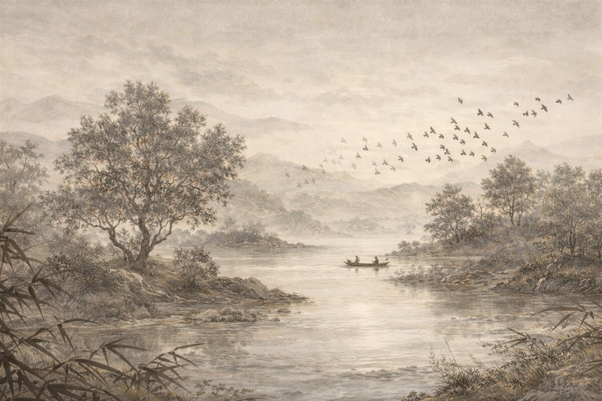 Fototapeta Teksturowany pejzaż w stylu retro z drzewem w sąsiedztwie rzeki i pochmurnym niebem, dzieło natury w tonach sepii.