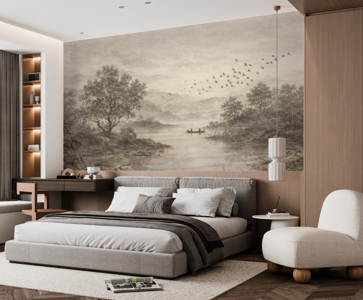 Fototapeta Teksturowany pejzaż w stylu retro z drzewem w sąsiedztwie rzeki i pochmurnym niebem, dzieło natury w tonach sepii.