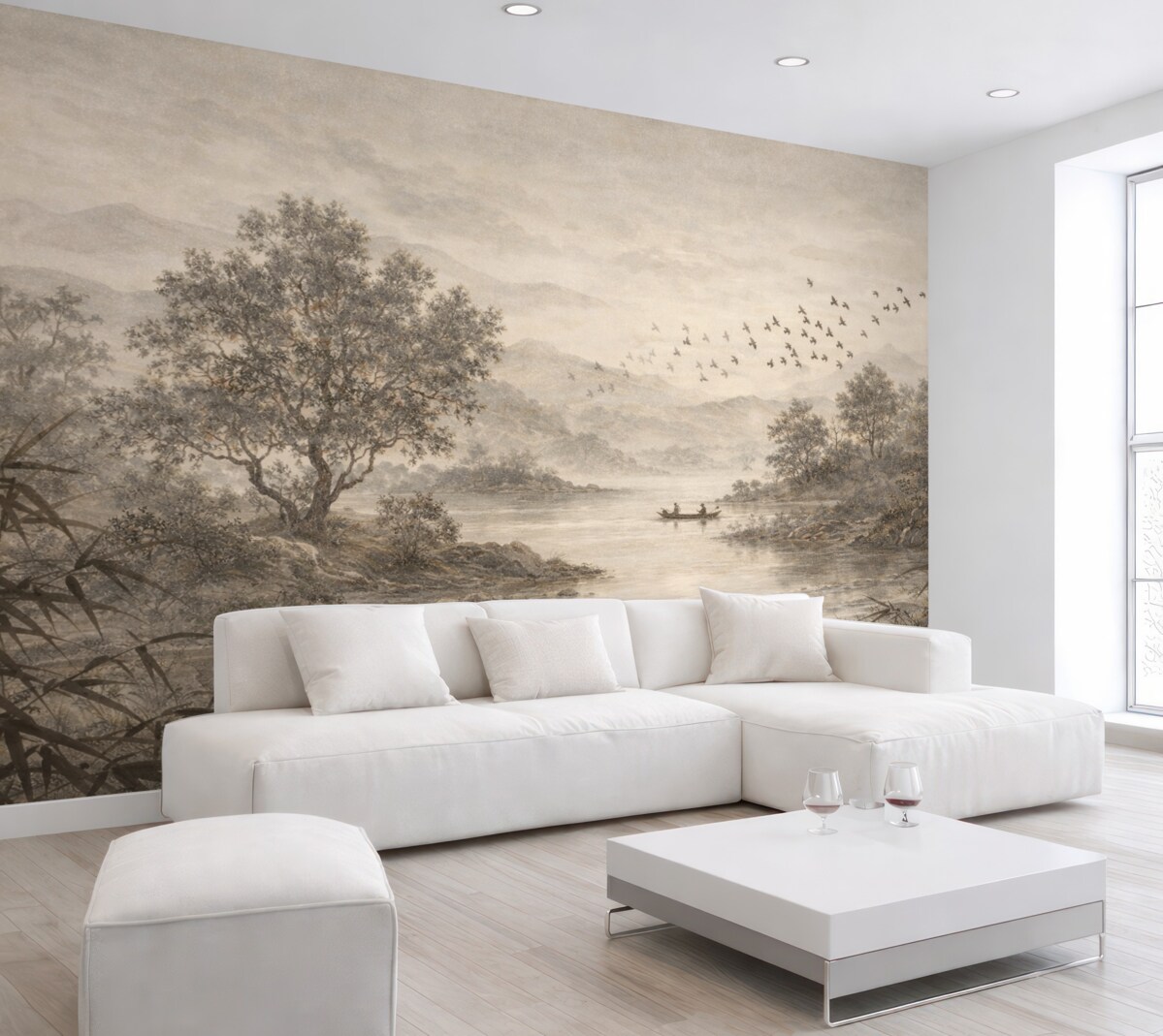 Fototapeta Teksturowany pejzaż w stylu retro z drzewem w sąsiedztwie rzeki i pochmurnym niebem, dzieło natury w tonach sepii.