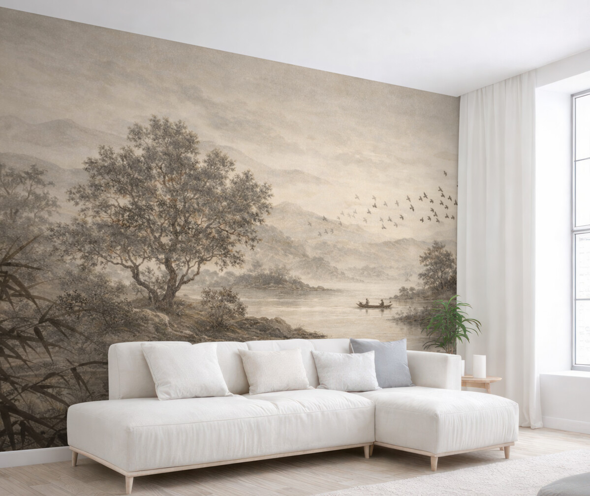 Fototapeta Teksturowany pejzaż w stylu retro z drzewem w sąsiedztwie rzeki i pochmurnym niebem, dzieło natury w tonach sepii.