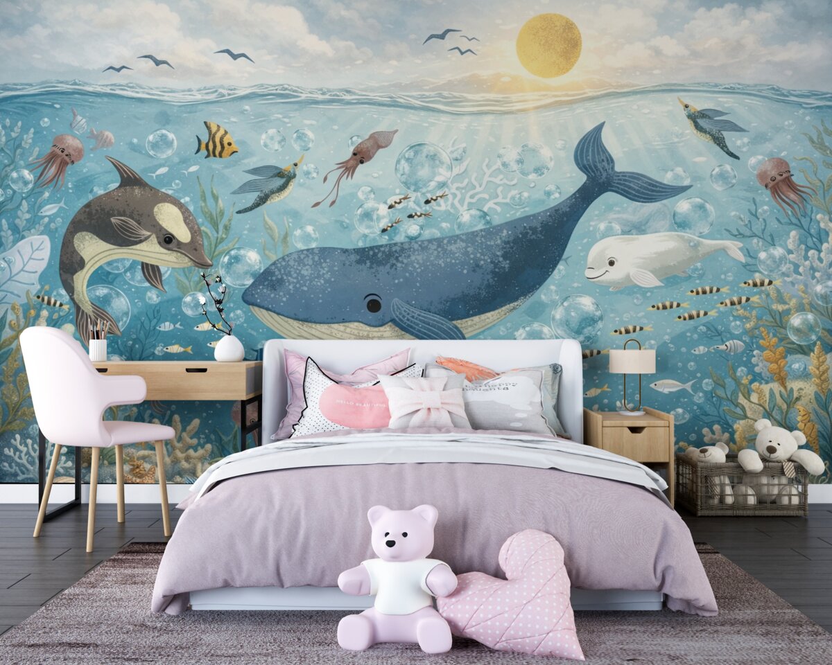 Fototapeta Obrazek dla najmłodszych z niebieskim walesem otoczonym rybami, mackami, meduzami w błękitnym morzu z bąbelkami.