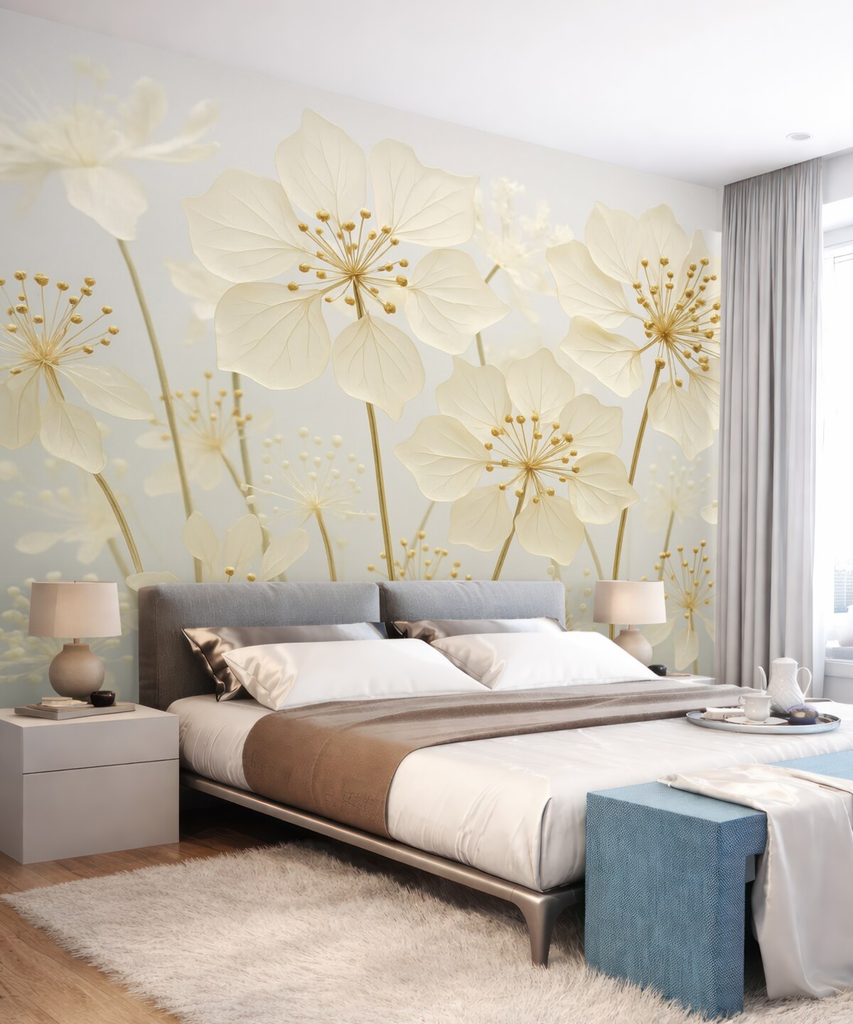 Fototapeta Delikatne łąkowe kwiaty na błękitnym tle.