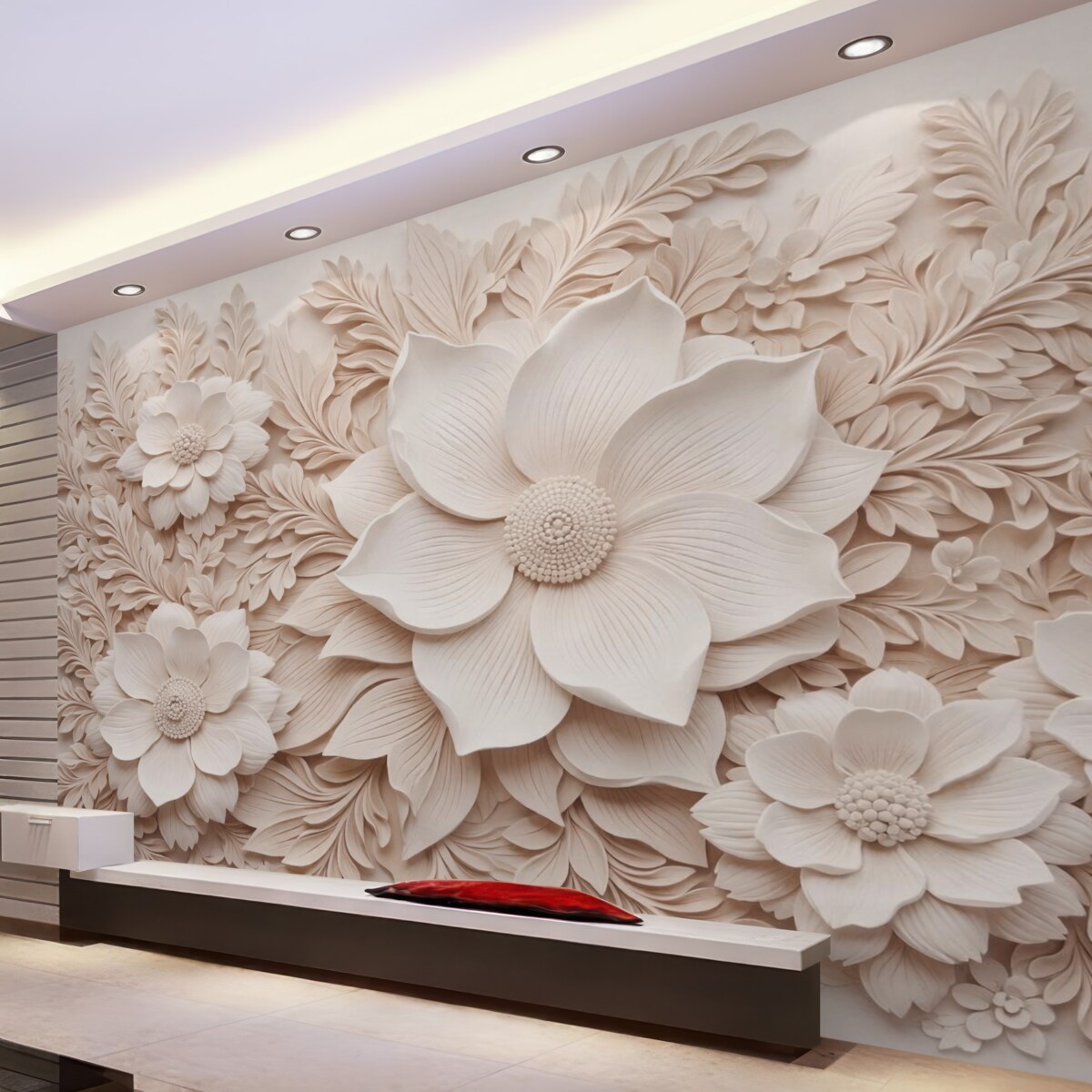 Fototapeta Kwiaty w kolorze beżowym oraz liście z efektem trójwymiarowym.