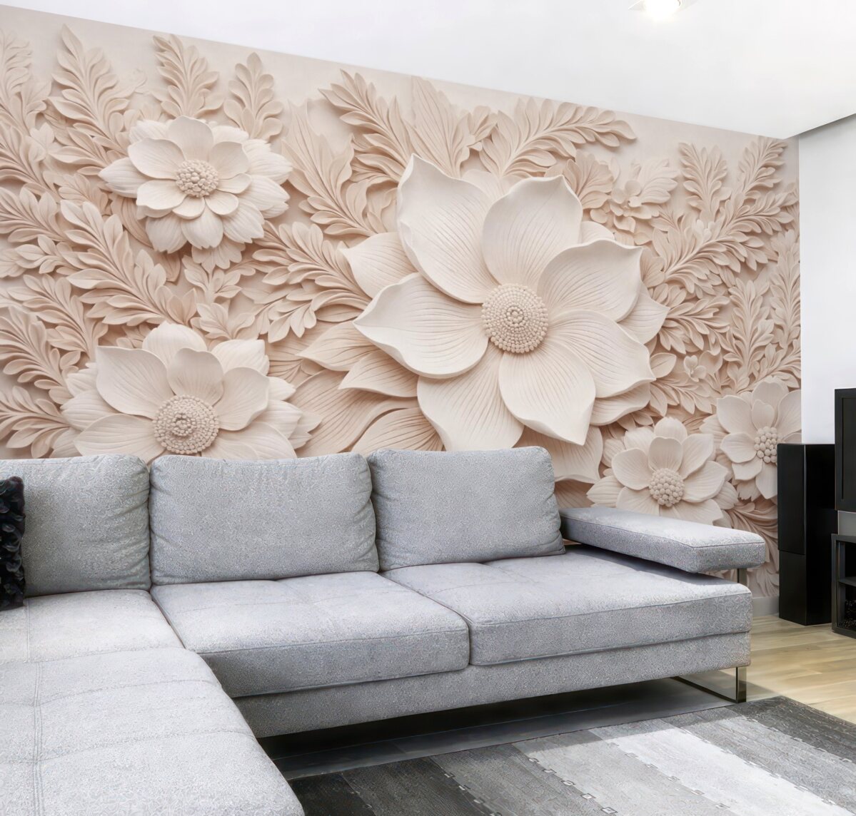 Fototapeta Kwiaty w kolorze beżowym oraz liście z efektem trójwymiarowym.