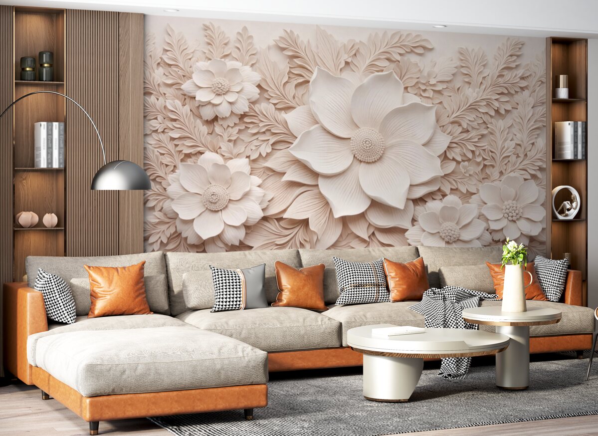 Fototapeta Kwiaty w kolorze beżowym oraz liście z efektem trójwymiarowym.