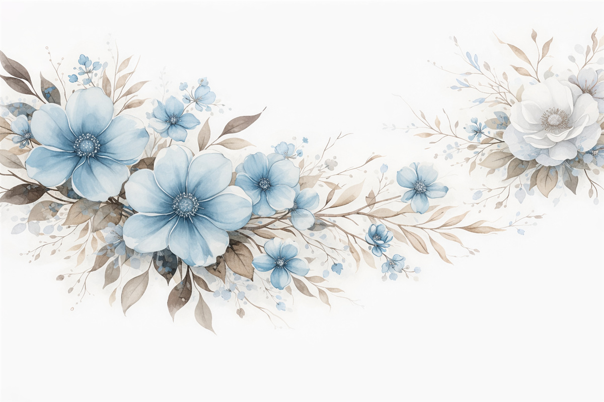 Fototapeta Układ kwiatowy z niebieskimi roślinami i brązowymi liśćmi.