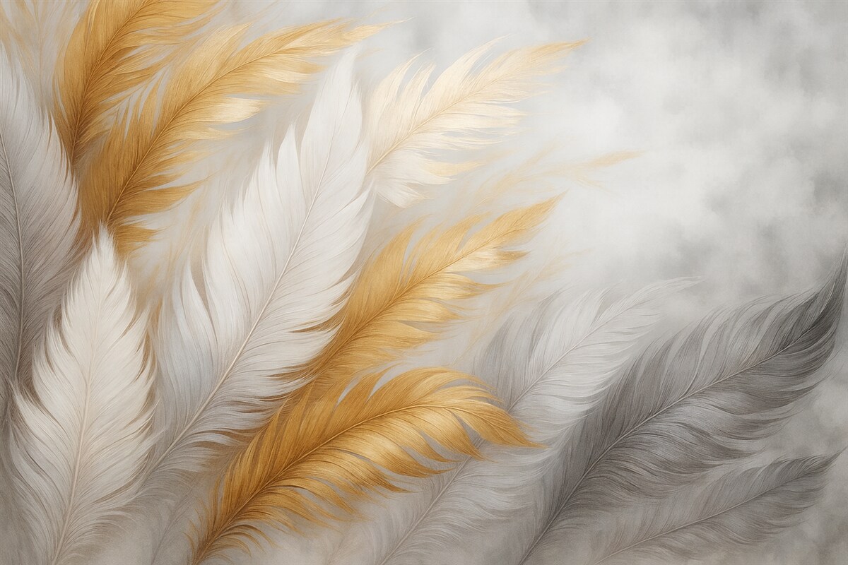 Fototapeta Szare i złote pióra na szarym tle.