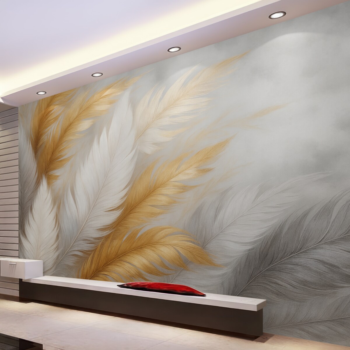 Fototapeta Szare i złote pióra na szarym tle.