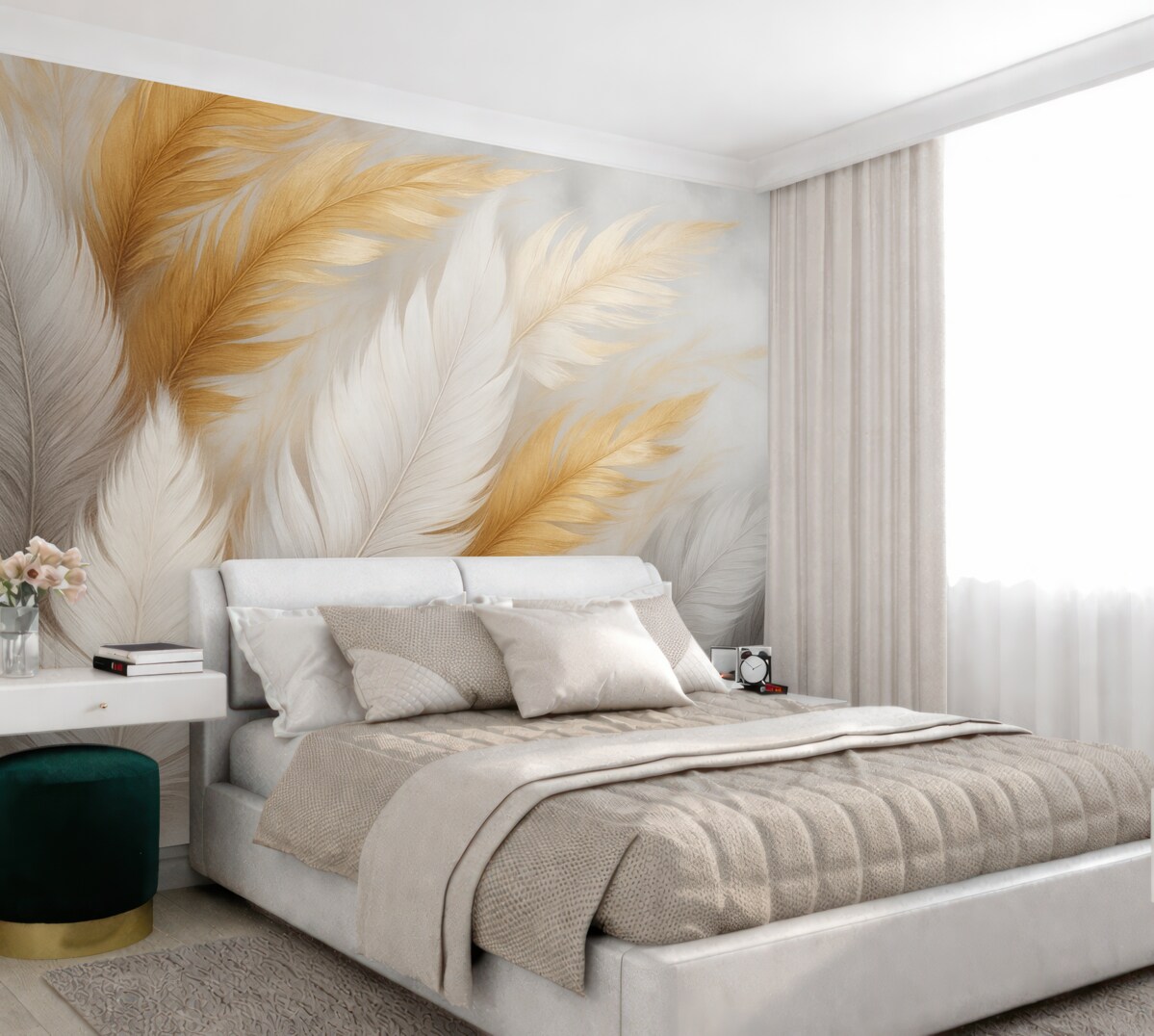 Fototapeta Szare i złote pióra na szarym tle.